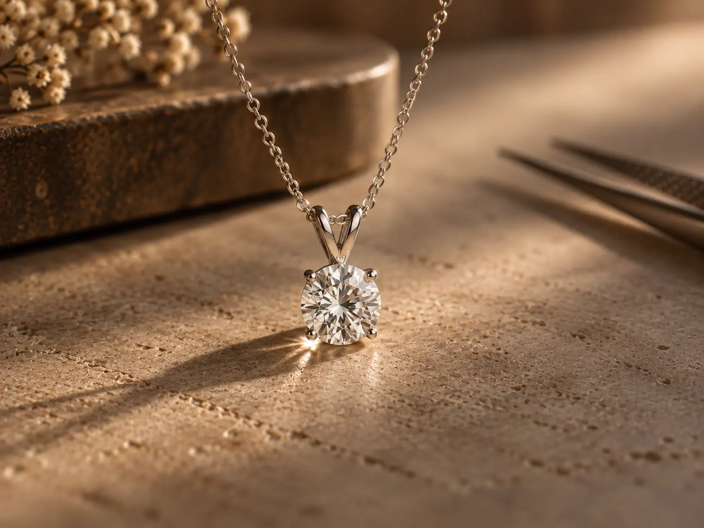 A natural diamond pendant on a fine chain