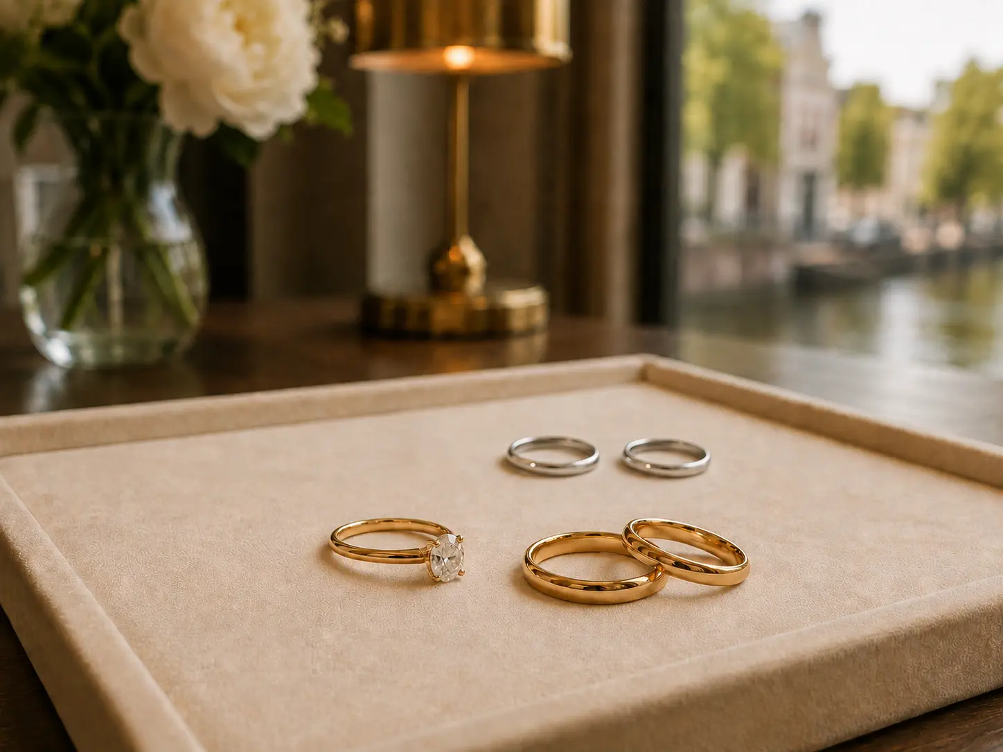 Diamonds and engagement rings presented on a tray during a private viewing