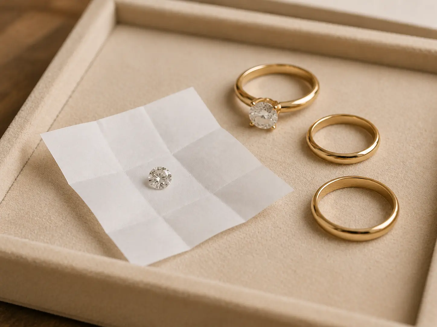 A loose diamond held with tweezers beside an engagement ring